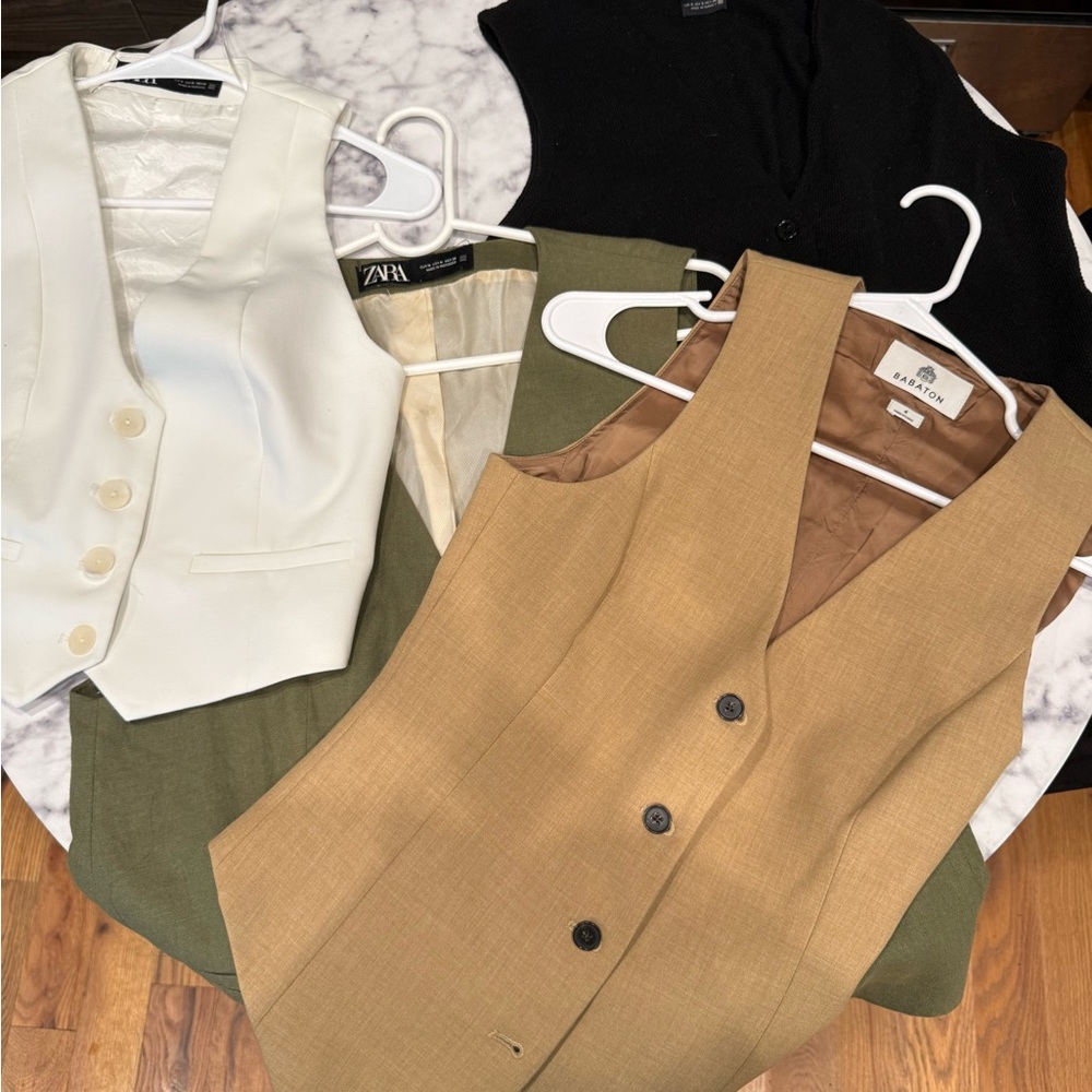 Used. Zara Black, Zara White, Zara Olive and Aritzia Tan Vest Collection